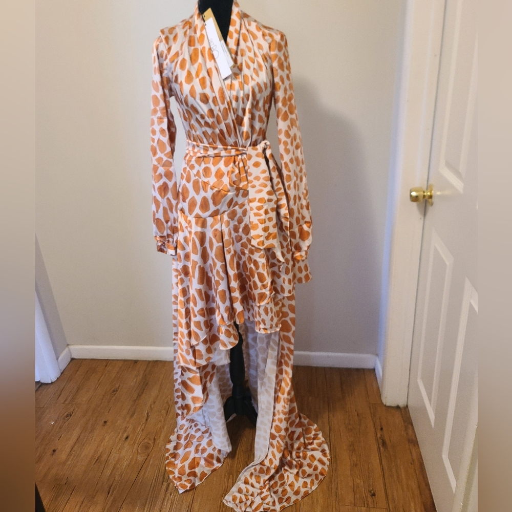 NWT PatBo  Orange Patterned Women's Hi-low Maxi Wrap  Dress
